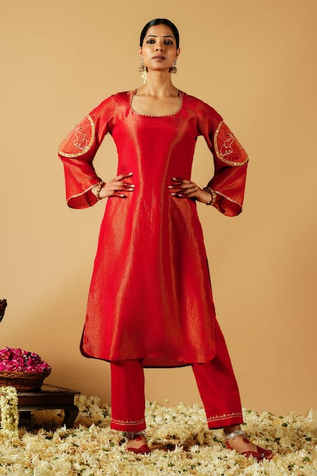 Tangerine by ASFA Red Tissue Embroidered Sequin U-neck Straight Kurta With Pant 