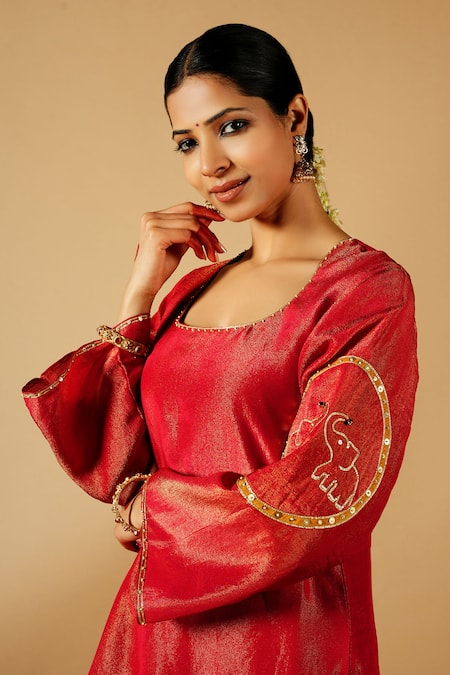 Tangerine By Asfa_Red Tissue Sequins, Patchwork, Embroidery Round Neck Straight Kurta With Pant _Online_at_Aza_Fashions