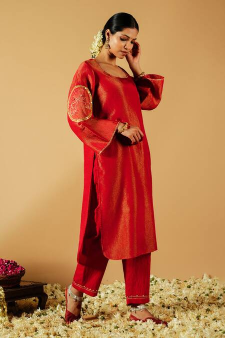Shop_Tangerine By Asfa_Red Tissue Sequins, Patchwork, Embroidery Round Neck Straight Kurta With Pant _Online_at_Aza_Fashions
