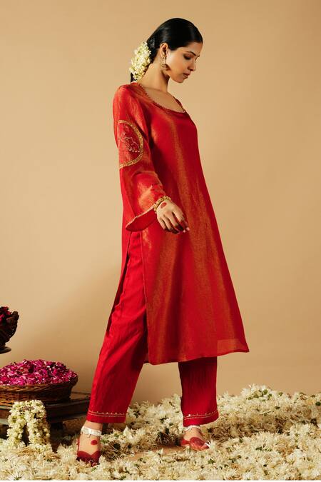 Tangerine By Asfa_Red Tissue Sequins, Patchwork, Embroidery Round Neck Straight Kurta With Pant _at_Aza_Fashions