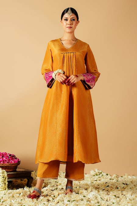 Tangerine Tiger A-line Gathered Kurta With Pant 