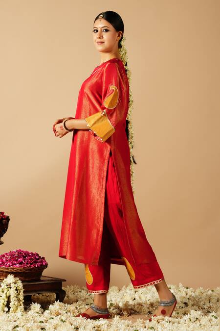 Shop_Tangerine By Asfa_Red Tissue Sequins, Patchwork, Embroidery V-neck Paisley Kurta With Pant_Online_at_Aza_Fashions