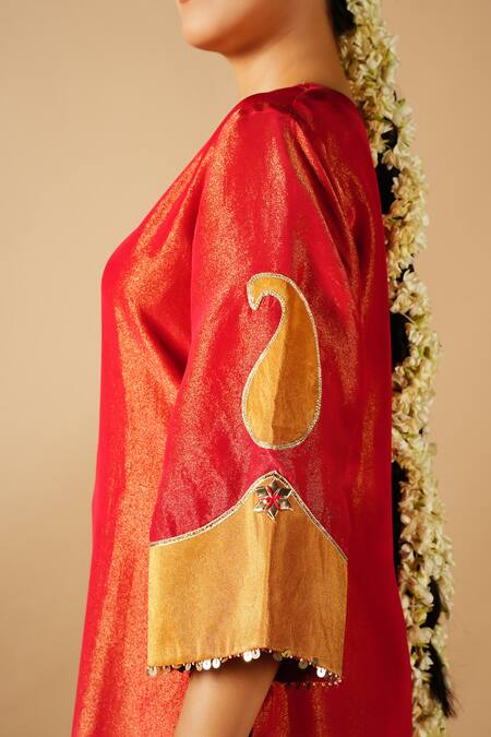 Tangerine By Asfa_Red Tissue Sequins, Patchwork, Embroidery V-neck Paisley Kurta With Pant_at_Aza_Fashions