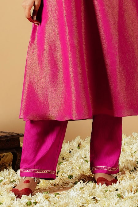 Tangerine By Asfa_Pink Tissue Sequins, Patchwork, Embroidery Asymmetric Floral Kurta With Pant_Online_at_Aza_Fashions