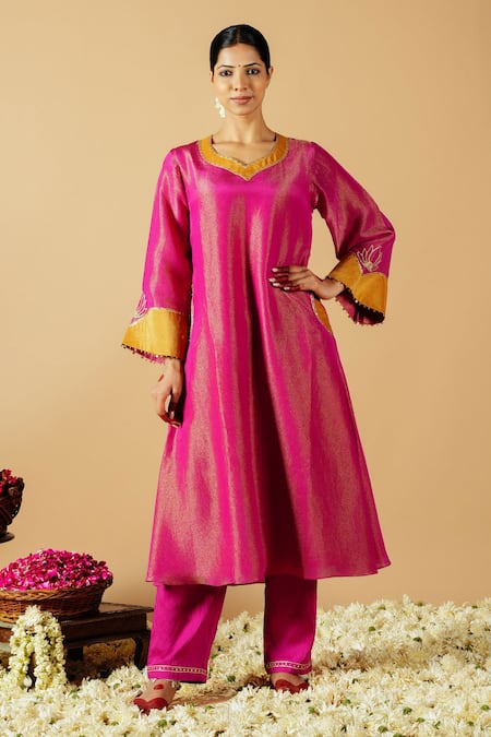 Buy_Tangerine By Asfa_Pink Tissue Sequins, Patchwork, Embroidery Asymmetric Floral Kurta With Pant_Online_at_Aza_Fashions