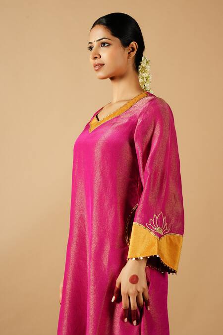 Shop_Tangerine By Asfa_Pink Tissue Sequins, Patchwork, Embroidery Asymmetric Floral Kurta With Pant_Online_at_Aza_Fashions