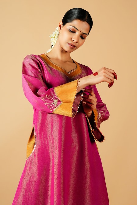 Tangerine By Asfa_Pink Tissue Sequins, Patchwork, Embroidery Asymmetric Floral Kurta With Pant_at_Aza_Fashions