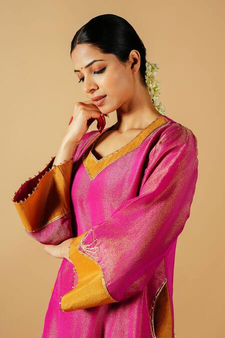 Buy_Tangerine By Asfa_Pink Tissue Sequins, Patchwork, Embroidery Asymmetric Floral Kurta With Pant