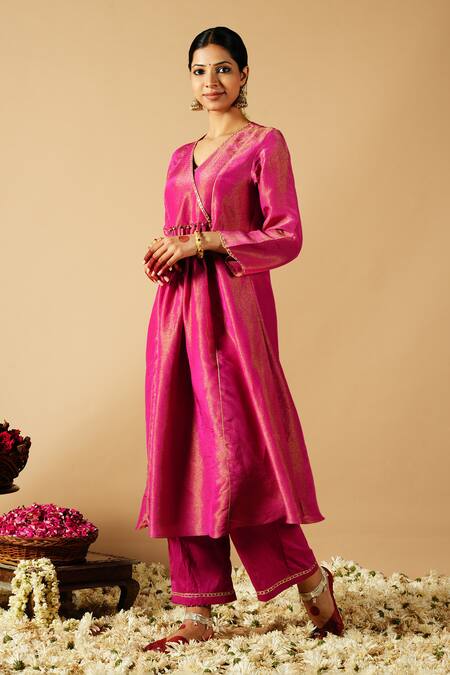 Tangerine By Asfa_Pink Tissue Sequins, Gota Patti, Embroidery V-neck Gathered Yoke Kurta With Pant_Online_at_Aza_Fashions