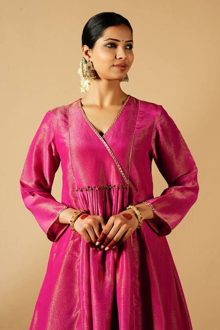 Buy_Tangerine By Asfa_Pink Tissue Sequins, Gota Patti, Embroidery V-neck Gathered Yoke Kurta With Pant_Online_at_Aza_Fashions