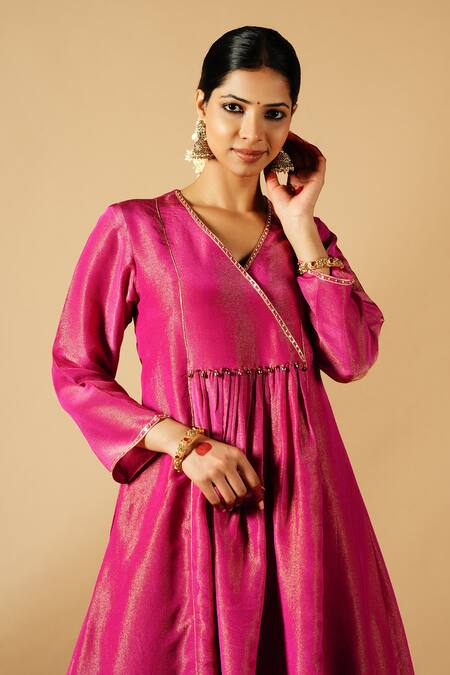Shop_Tangerine By Asfa_Pink Tissue Sequins, Gota Patti, Embroidery V-neck Gathered Yoke Kurta With Pant_Online_at_Aza_Fashions