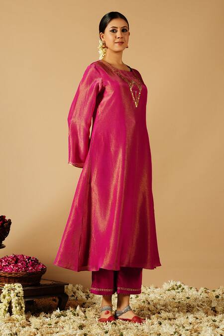 Tangerine By Asfa_Pink Tissue Sequins, Gota Patti, Embroidery V-neck Lace Kurta With Pant_Online_at_Aza_Fashions