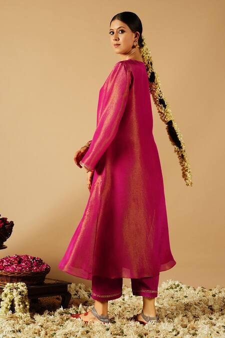 Shop_Tangerine By Asfa_Pink Tissue Sequins, Gota Patti, Embroidery V-neck Lace Kurta With Pant_Online_at_Aza_Fashions