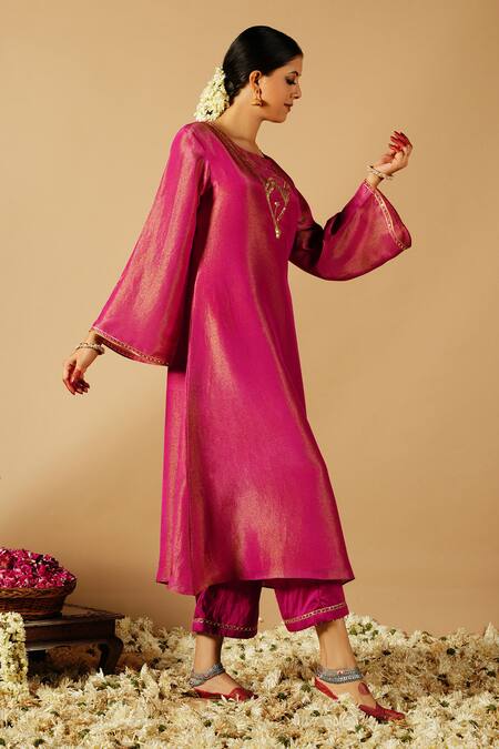 Tangerine By Asfa_Pink Tissue Sequins, Gota Patti, Embroidery V-neck Lace Kurta With Pant_at_Aza_Fashions