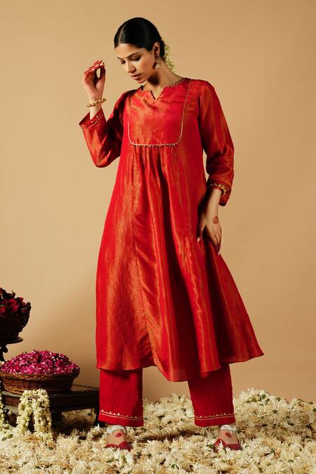 Tangerine By Asfa_Red Tissue Sequins, Gota Patti, Embroidery Split Yoke Gathered Kurta With Pant_Online_at_Aza_Fashions