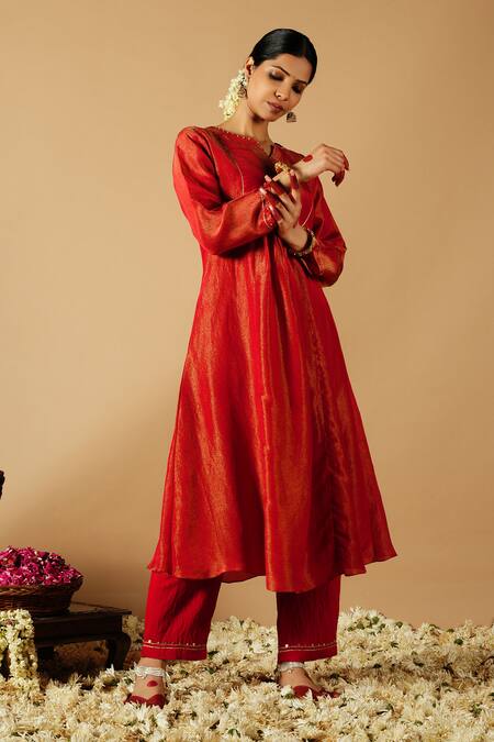 Buy_Tangerine By Asfa_Red Tissue Sequins, Gota Patti, Embroidery Split Yoke Gathered Kurta With Pant_Online_at_Aza_Fashions