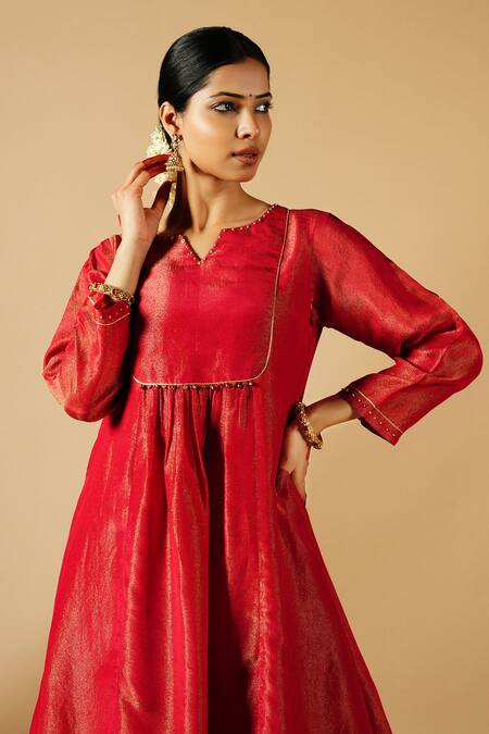 Buy_Tangerine By Asfa_Red Tissue Sequins, Gota Patti, Embroidery Split Yoke Gathered Kurta With Pant