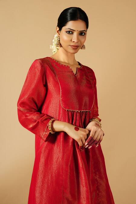 Shop_Tangerine By Asfa_Red Tissue Sequins, Gota Patti, Embroidery Split Yoke Gathered Kurta With Pant