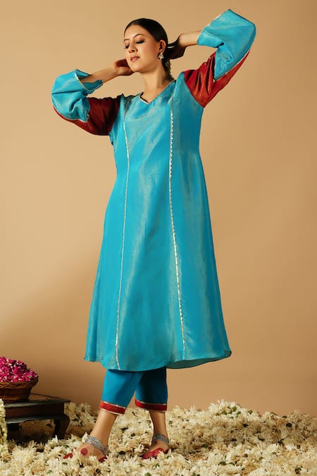 Shop Tangerine By Asfa Blue Tissue Sequins, Patchwork, Embroidery Split Patch Work Kurta With Pant at Aza Fashions Shop_Tangerine By Asfa_Blue Tissue Sequins, Patchwork, Embroidery Split Patch Work Kurta With Pant_at_Aza_Fashions