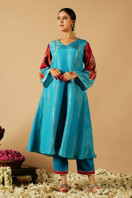 Tangerine By Asfa Blue Tissue Sequins, Patchwork, Embroidery Split Patch Work Kurta With Pant Online at Aza Fashions Tangerine By Asfa_Blue Tissue Sequins, Patchwork, Embroidery Split Patch Work Kurta With Pant_Online_at_Aza_Fashions