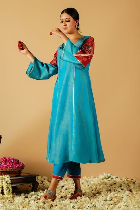 Shop Tangerine By Asfa Blue Tissue Sequins, Patchwork, Embroidery Split Patch Work Kurta With Pant Online at Aza Fashions Shop_Tangerine By Asfa_Blue Tissue Sequins, Patchwork, Embroidery Split Patch Work Kurta With Pant_Online_at_Aza_Fashions