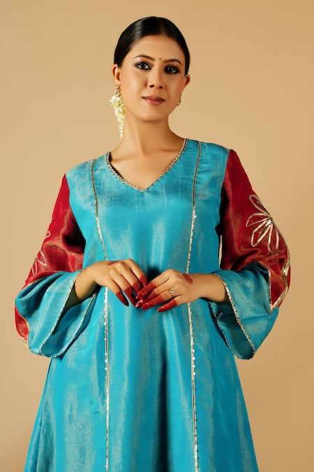 Buy Tangerine By Asfa Blue Tissue Sequins, Patchwork, Embroidery Split Patch Work Kurta With Pant Buy_Tangerine By Asfa_Blue Tissue Sequins, Patchwork, Embroidery Split Patch Work Kurta With Pant