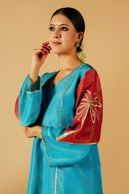 Shop Tangerine By Asfa Blue Tissue Sequins, Patchwork, Embroidery Split Patch Work Kurta With Pant Shop_Tangerine By Asfa_Blue Tissue Sequins, Patchwork, Embroidery Split Patch Work Kurta With Pant