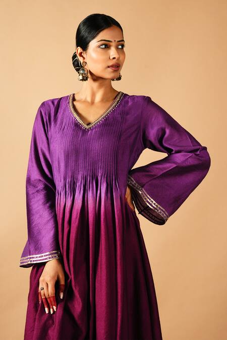 Tangerine By Asfa Purple Chanderi Silk Gota Patti V-neck Ombre Gathered Kurta With Pant Online at Aza Fashions Tangerine By Asfa_Purple Chanderi Silk Gota Patti V-neck Ombre Gathered Kurta With Pant_Online_at_Aza_Fashions
