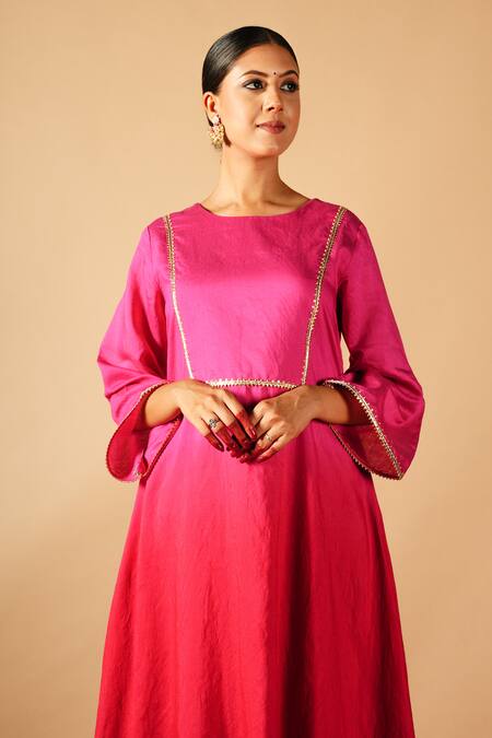 Tangerine By Asfa Pink Chanderi Silk Embroidery Round Neck Ombre A-line Kurta With Pant Online at Aza Fashions Tangerine By Asfa_Pink Chanderi Silk Embroidery Round Neck Ombre A-line Kurta With Pant_Online_at_Aza_Fashions