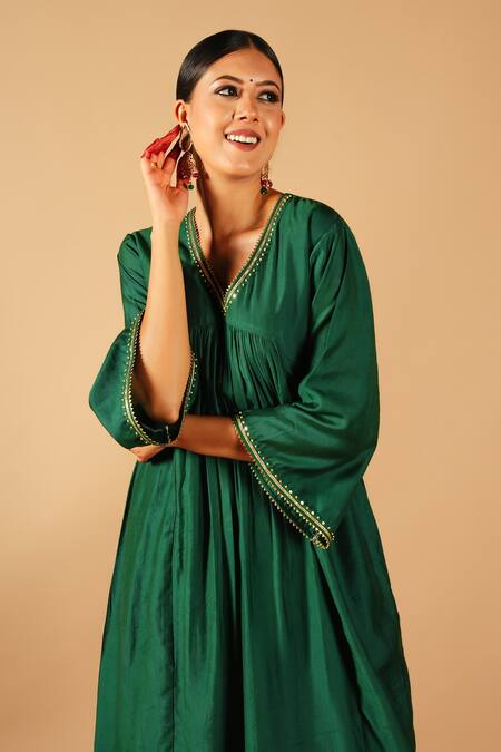 Shop Tangerine By Asfa Green Chanderi Silk Gota Patti V-neck A-line Gathered Kurta With Pant Online at Aza Fashions Shop_Tangerine By Asfa_Green Chanderi Silk Gota Patti V-neck A-line Gathered Kurta With Pant_Online_at_Aza_Fashions