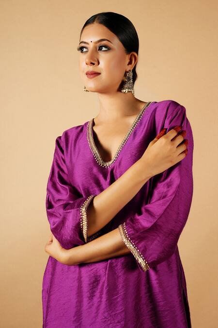 Tangerine By Asfa Purple Chanderi Silk Gota Patti V-neck Short Kurta With Pant Online at Aza Fashions Tangerine By Asfa_Purple Chanderi Silk Gota Patti V-neck Short Kurta With Pant_Online_at_Aza_Fashions