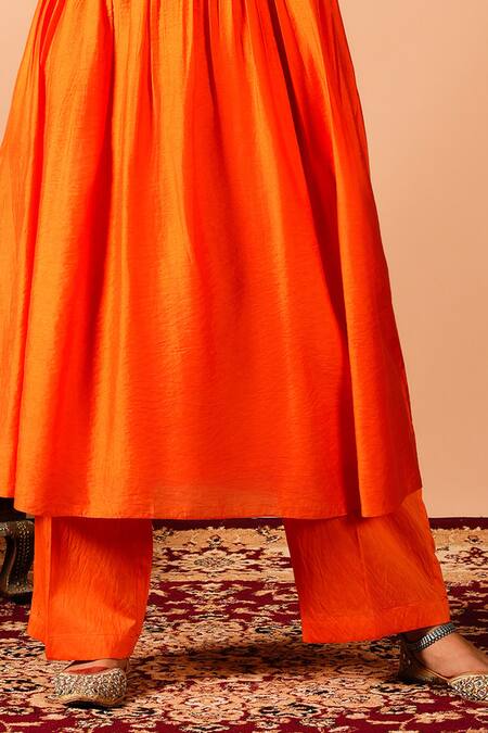 Tangerine By Asfa Orange Chanderi Silk Gota Patti V-neck Flared A-line Kurta With Pant Online at Aza Fashions Tangerine By Asfa_Orange Chanderi Silk Gota Patti V-neck Flared A-line Kurta With Pant_Online_at_Aza_Fashions