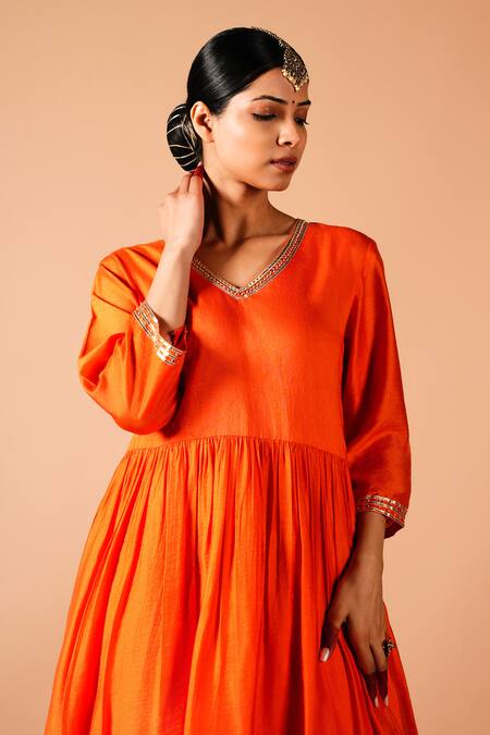 Buy Tangerine By Asfa Orange Chanderi Silk Gota Patti V-neck Flared A-line Kurta With Pant Online at Aza Fashions Buy_Tangerine By Asfa_Orange Chanderi Silk Gota Patti V-neck Flared A-line Kurta With Pant_Online_at_Aza_Fashions