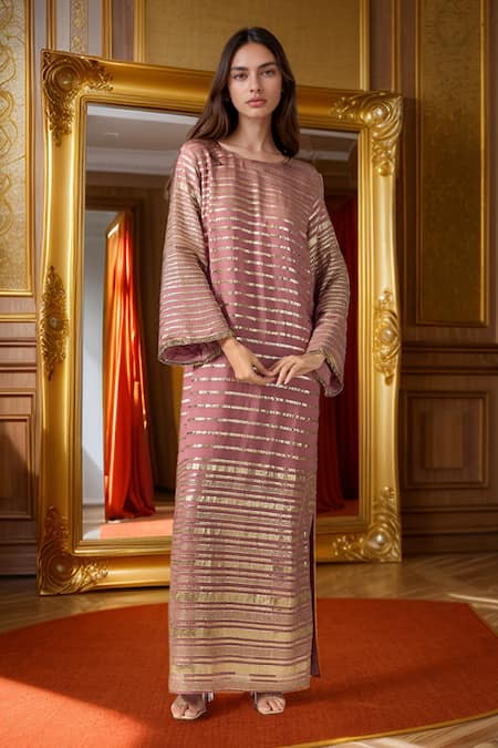 Ranian Badla Striped Vine Embroidered Side Slit Kaftan 