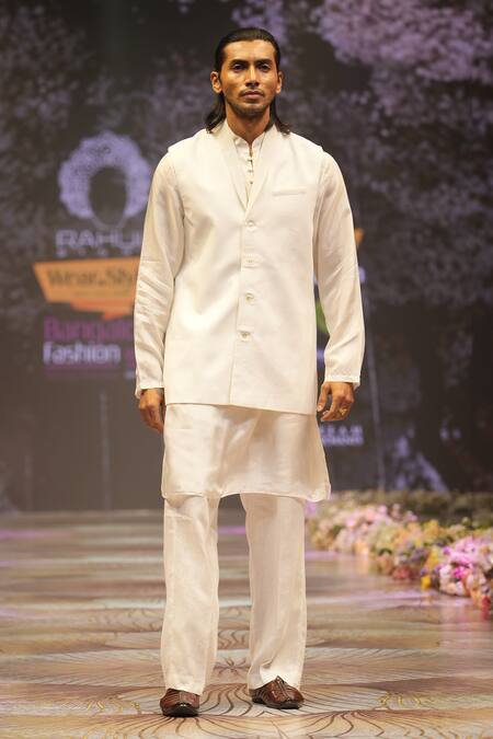 Shop_Rahul Singh_Ivory Chanderi Silk Bundi And Kurta Set 