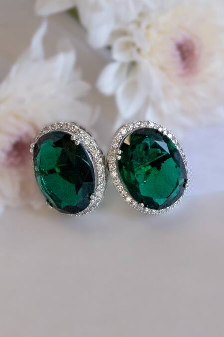 Shop Nepra By Neha Goel Green Stones, Zari Embellished Studs at Aza Fashions Shop_Nepra By Neha Goel_Green Stones, Zari Embellished Studs_at_Aza_Fashions