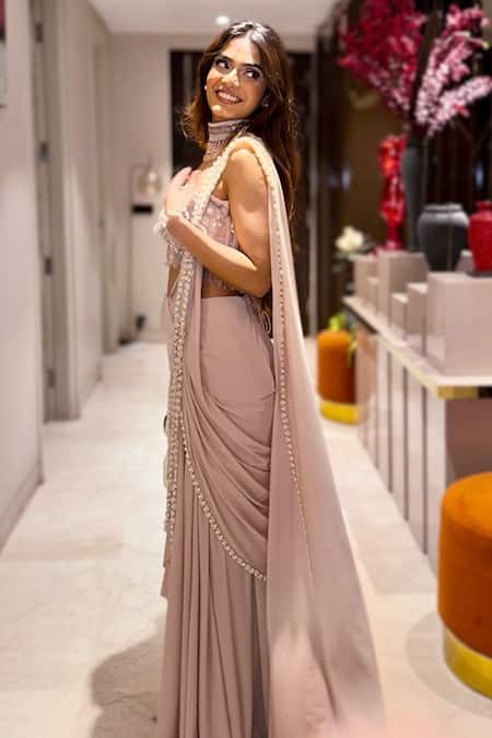 Shop_Jade By Ashima_Peach Net, Lycra Pearls, Cut Clara Embroidered Pre-draped Saree With Bustier 