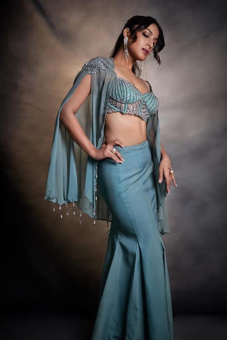Buy_Jade By Ashima_Blue Net, Crepe Sequins, Cut Sirena Hand Embroidered Cape And Fish-cut Skirt Set 