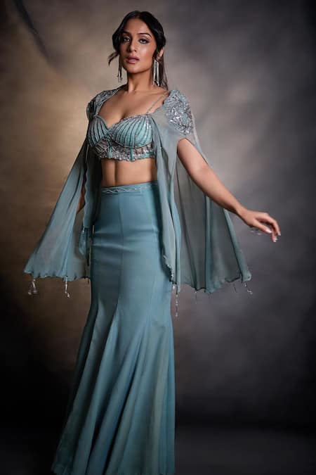 Shop_Jade By Ashima_Blue Net, Crepe Sequins, Cut Sirena Hand Embroidered Cape And Fish-cut Skirt Set 