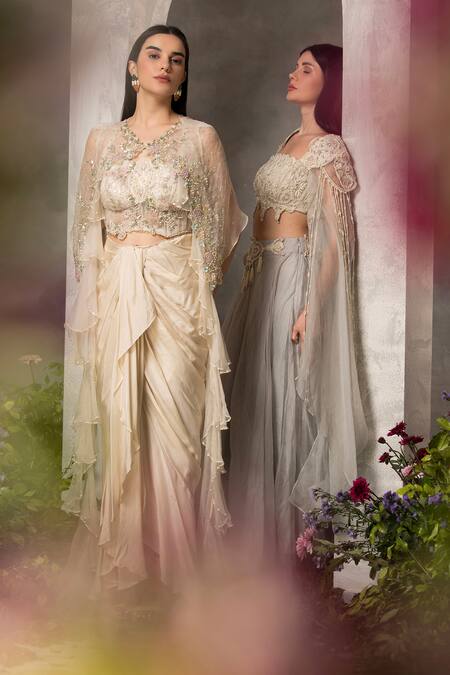 Divisha Sharma Ivory , Organza Pearls, Zardozi Embroidered Jacket Dhoti Skirt Set at Aza Fashions Divisha Sharma_Ivory , Organza Pearls, Zardozi Embroidered Jacket Dhoti Skirt Set _at_Aza_Fashions
