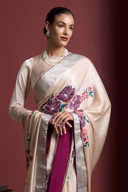 Akutee Peach Satin, Shailaja Floral Handpainted Saree With Unstitched Blouse Piece Online at Aza Fashions Akutee_Peach Satin, Shailaja Floral Handpainted Saree With Unstitched Blouse Piece_Online_at_Aza_Fashions