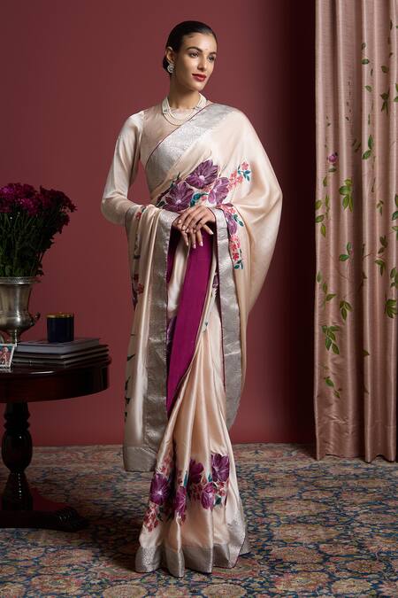 Buy Akutee Peach Satin, Shailaja Floral Handpainted Saree With Unstitched Blouse Piece Online at Aza Fashions Buy_Akutee_Peach Satin, Shailaja Floral Handpainted Saree With Unstitched Blouse Piece_Online_at_Aza_Fashions