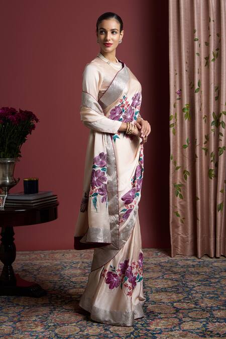 Shop Akutee Peach Satin, Shailaja Floral Handpainted Saree With Unstitched Blouse Piece Online at Aza Fashions Shop_Akutee_Peach Satin, Shailaja Floral Handpainted Saree With Unstitched Blouse Piece_Online_at_Aza_Fashions
