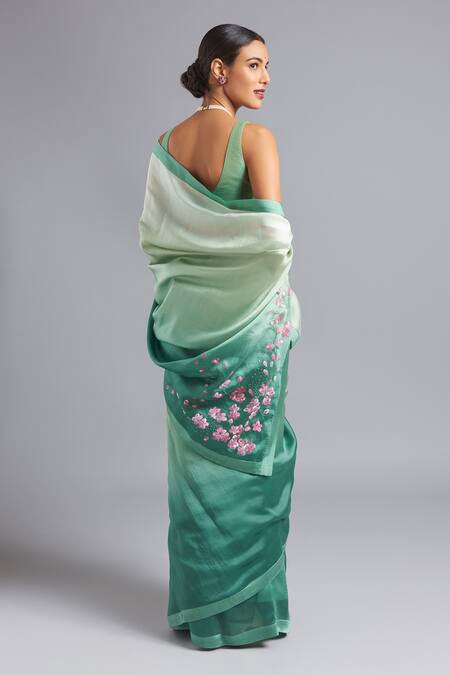 Shop Akutee Green Chanderi, Silk Suman Hand Painted Ombre Saree With Unstitched Blouse Piece at Aza Fashions Shop_Akutee_Green Chanderi, Silk Suman Hand Painted Ombre Saree With Unstitched Blouse Piece_at_Aza_Fashions