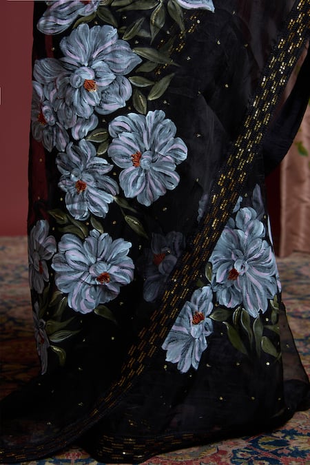 Shop Akutee Black Handloom Nayantara Floral Pattern Saree With Unstitched Blouse Piece Online at Aza Fashions Shop_Akutee_Black Handloom Nayantara Floral Pattern Saree With Unstitched Blouse Piece_Online_at_Aza_Fashions