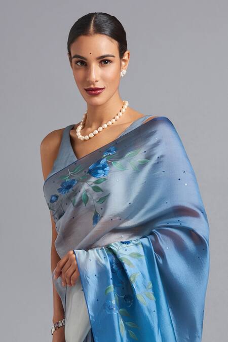 Akutee_Blue Silk Jaymala Floral Pattern Ombre Saree With Unstitched Blouse Piece_Online_at_Aza_Fashions