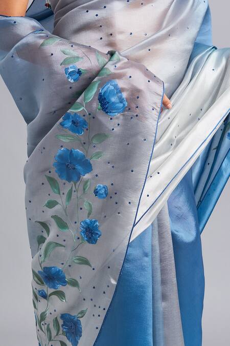Shop_Akutee_Blue Silk Jaymala Floral Pattern Ombre Saree With Unstitched Blouse Piece_Online_at_Aza_Fashions