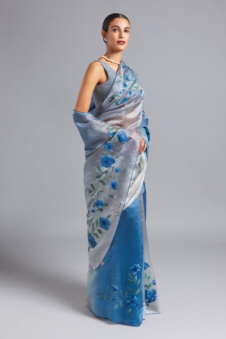 Akutee_Blue Silk Jaymala Floral Pattern Ombre Saree With Unstitched Blouse Piece_at_Aza_Fashions