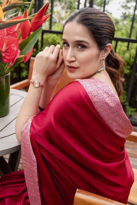 Shop_Akutee_Pink Satin, Veerangna Banarasi Brocade Border Saree With Unstitched Blouse Piece_Online_at_Aza_Fashions