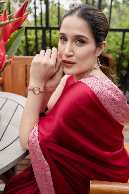 Buy_Akutee_Pink Satin, Veerangna Banarasi Brocade Border Saree With Unstitched Blouse Piece